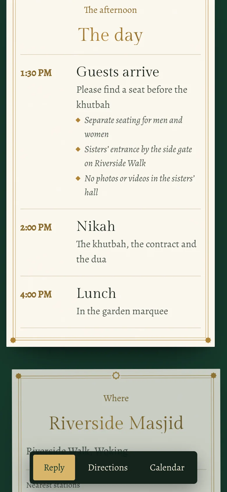 The day on a phone: guests arrive at 1:30, with separate seating, the sisters’ entrance and no photos in the sisters’ hall; the Nikah at 2:00; lunch at 4:00