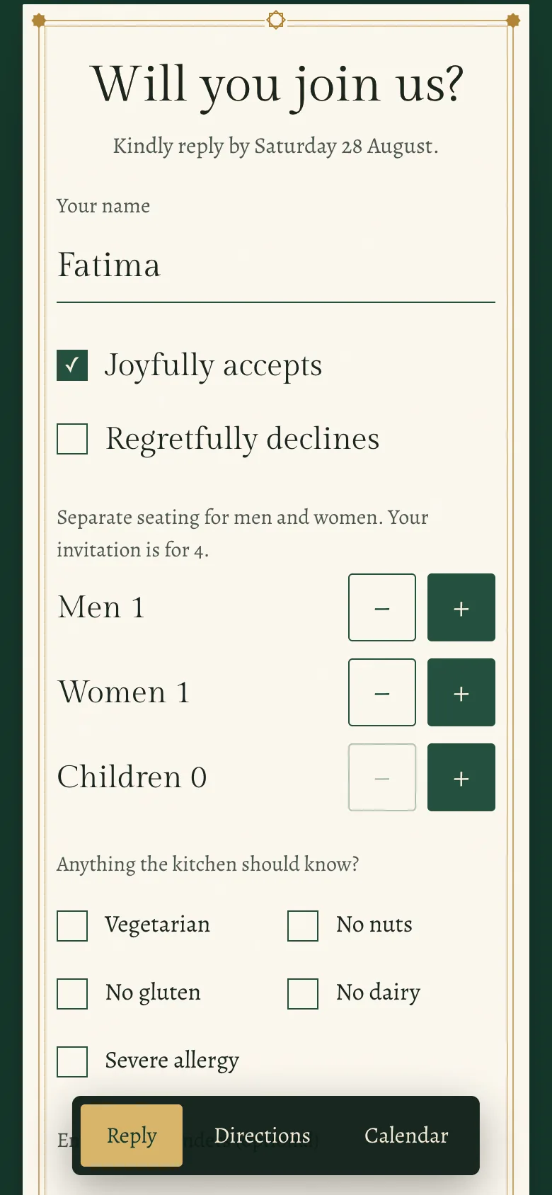 The reply on a phone: who invites, the family waiting for you, and Will you join us? with the guest’s name and Joyfully accepts