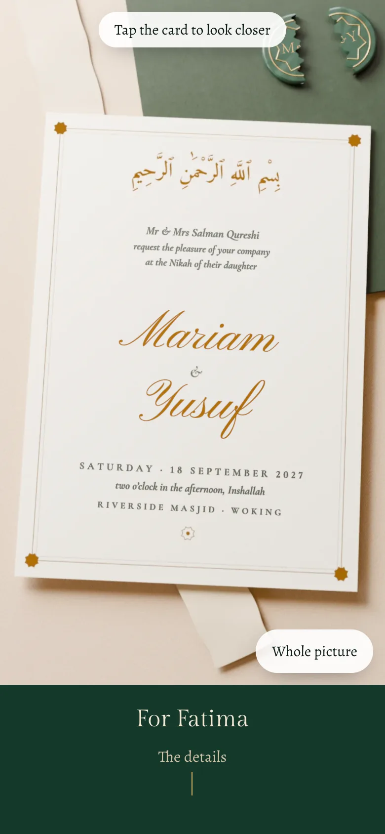 The invitation on a phone: an ivory card with the Bismillah, Mr and Mrs Salman Qureshi inviting to the Nikah of their daughter Mariam to Yusuf