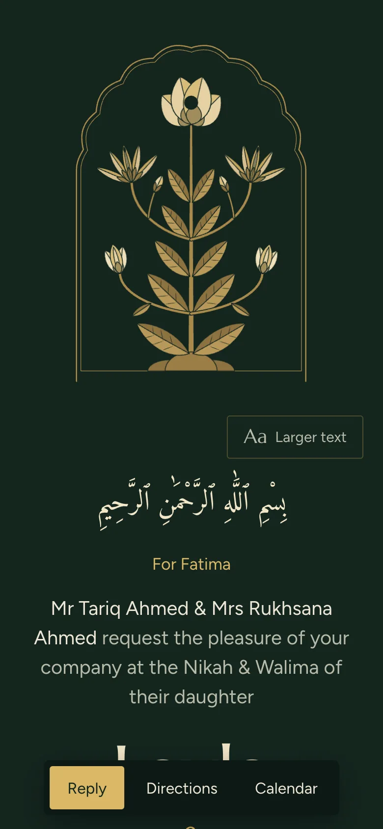 The Bagh design on a phone: a flowering plant inlaid in gold in a cusped arch on deep green, above the Bismillah