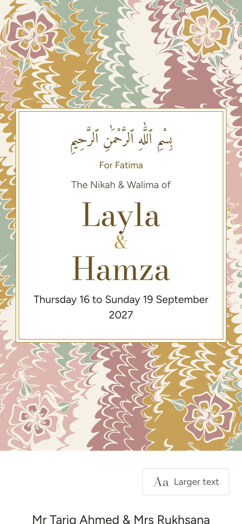 The Ebru design on a phone: a marbled pattern in cobalt, turquoise, red and saffron around a label with the names Layla and Hamza