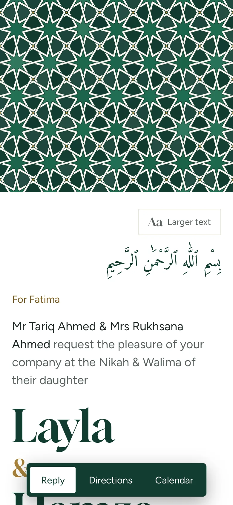 The Zellige design on a phone: green glazed tiles and white strapwork above the names Layla and Hamza